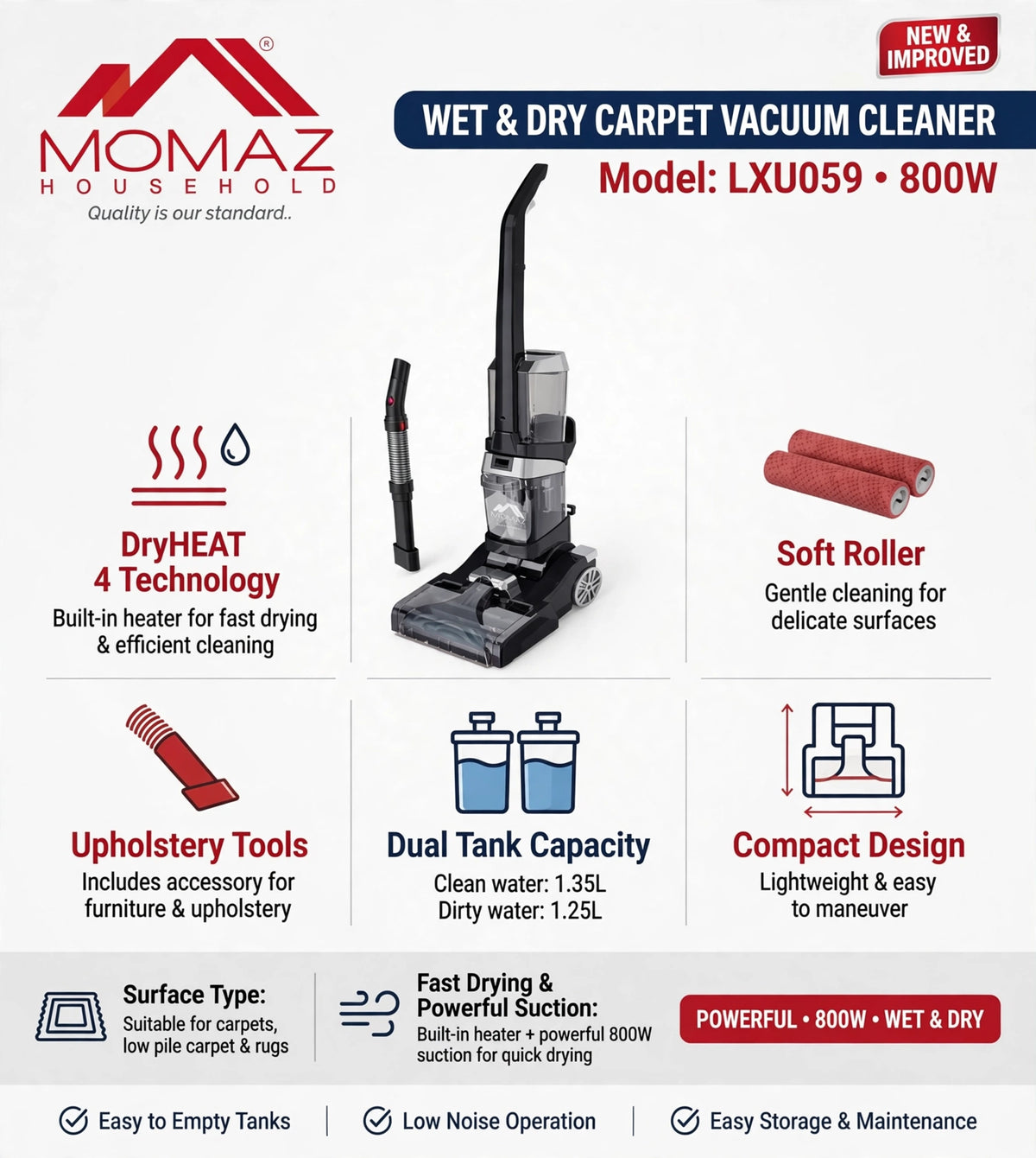 MOMAZ Wet & Dry Carpet Cleaner 800W with DryHEAT Technology