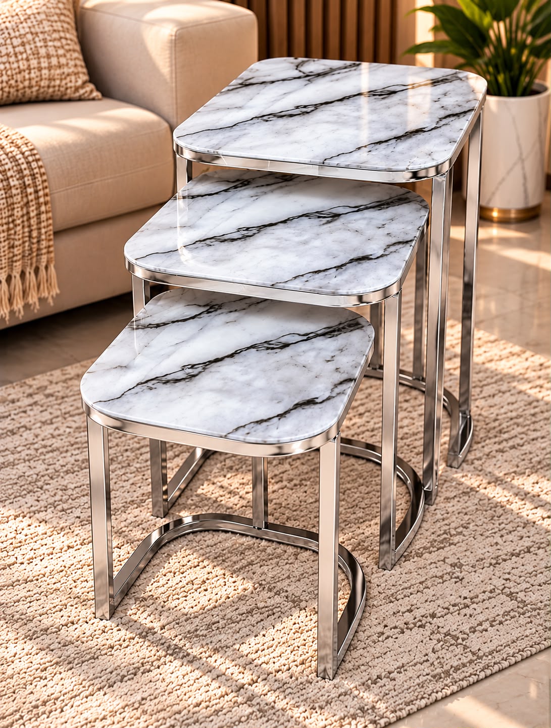 3-Piece Nesting Side Tables Set - Marble Glass Top
