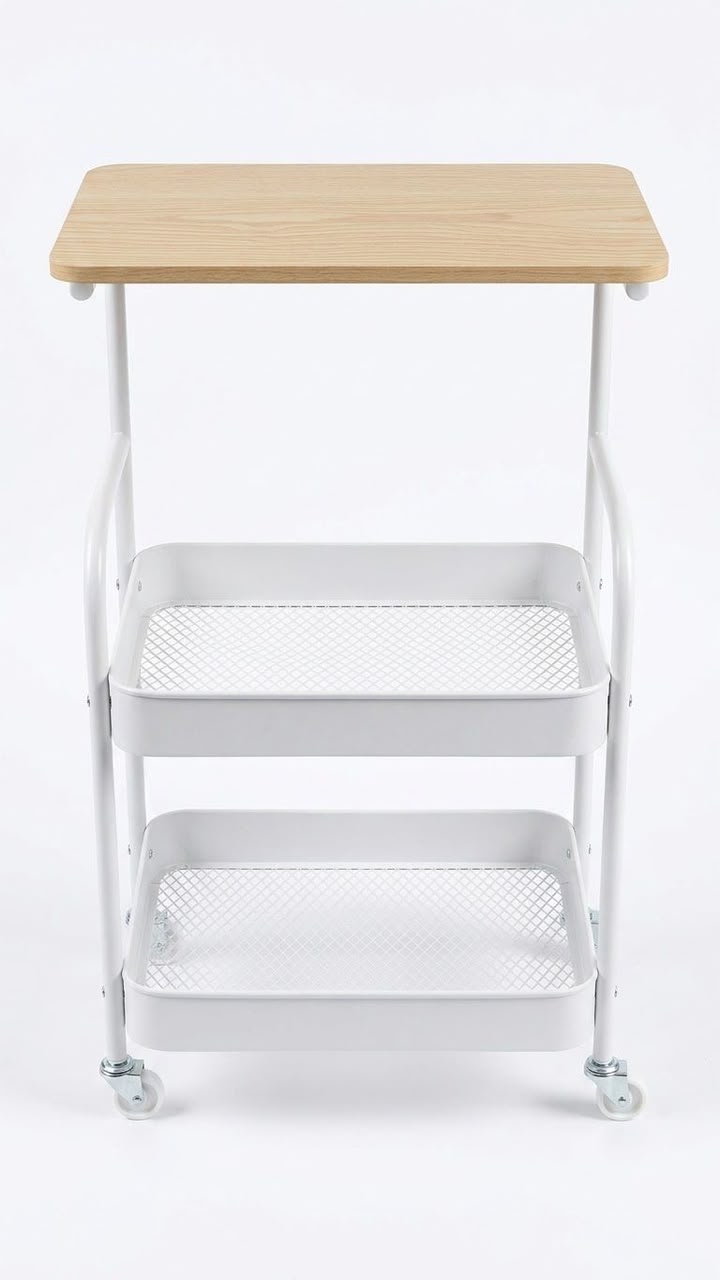 Rolling Cart with Wooden Tabletop & Mesh Baskets