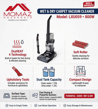 MOMAZ Wet & Dry Carpet Cleaner 800W with DryHEAT Technology