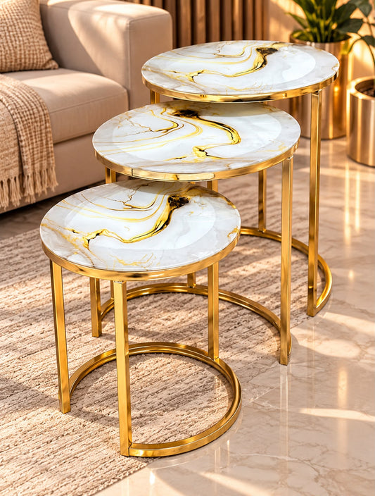 3-Piece Nesting Side Tables Set - Marble Glass Top