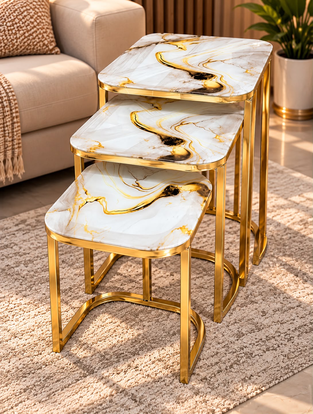3-Piece Nesting Side Tables Set - Marble Glass Top
